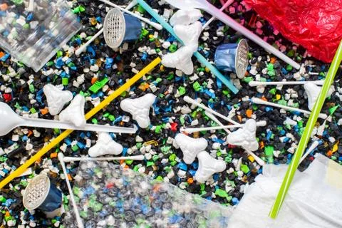Non Recyclable Single Use Plastic Waste On Shredded Plastic Environmental Con Stock-Fotos