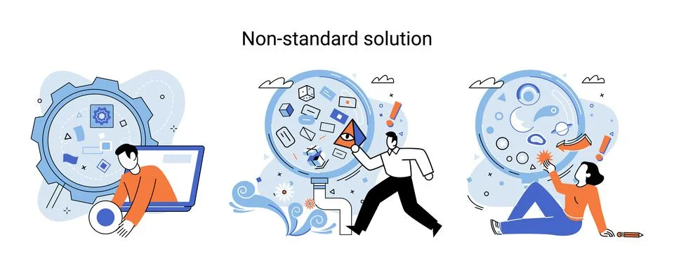 Non standart solution metaphor. Finding decisionss, problem solving. Teamwork Stock Illustration