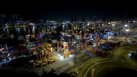 Non stop cargo processing at international container terminal, night time lapse 스톡 동영상 91133123
