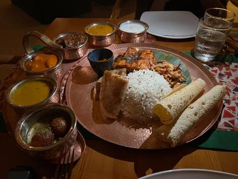 Non-veg thali served on a table Stock Photos