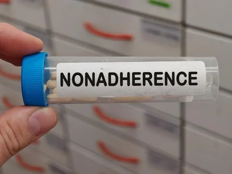 NONADHERENCE medication safety topic for errors misuse adverse effects and Stock Photos