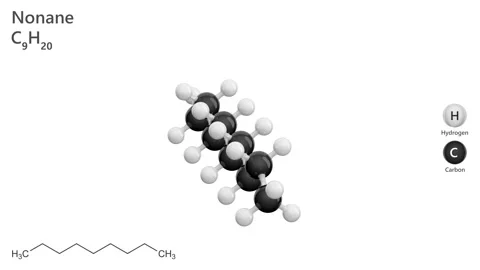Nonane. Linear Alkane. C9H20.  White background. 3D render Stock Footage 295993554