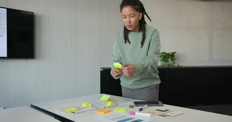 Nonbinary African-American worker arranging sticky notes and swatches at meeting Stock Footage 342085090