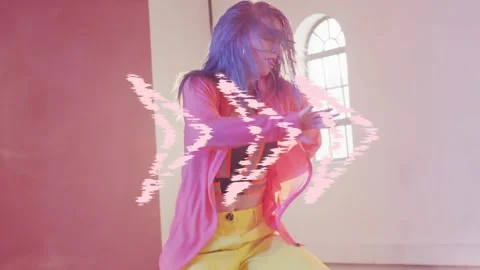 Nonbinary dancer starting pose, sweeping arm, kicking while glitch chevrons Stock Footage 330620182