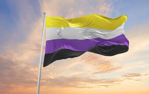 Nonbinary flag waving in the wind at cloudy sky. Freedom and love concept. Pr Stock Illustration
