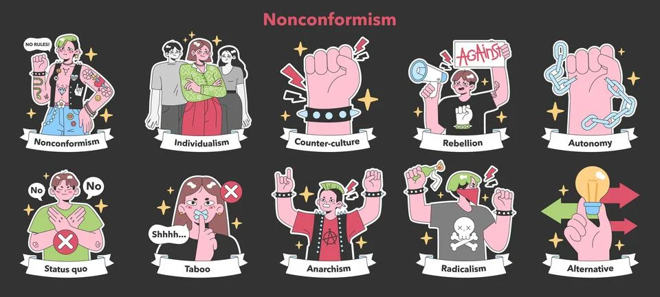 Nonconformism set. . Flat vector illustration. dark background Stock Illustration