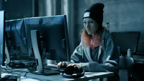 Nonconformist Teenage Hacker Girl Attacks Corporate Servers with Virus Stock Footage