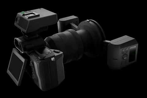 Nonexistent DSLR camera with lens and external flash speedlight on black. Stock Illustration