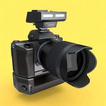 Nonexistent DSLR camera with lens and external flash speedlight on yellow. Stock Illustration