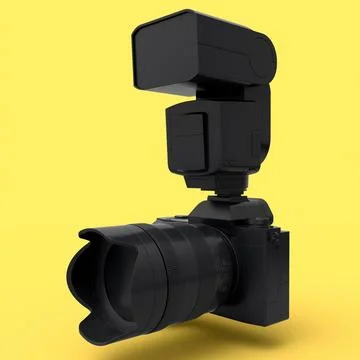 Nonexistent DSLR camera with lens and flash speedlight on yellow monochrome Stock Illustration