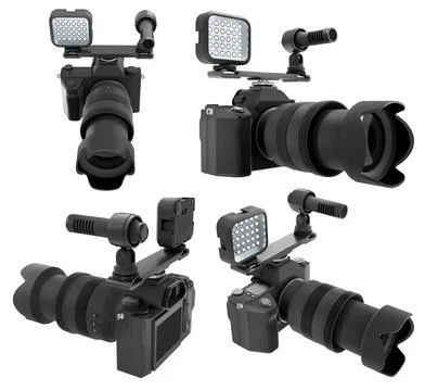 Nonexistent DSLR camera with lens, external speedlight and microphone on white. Stock Illustration