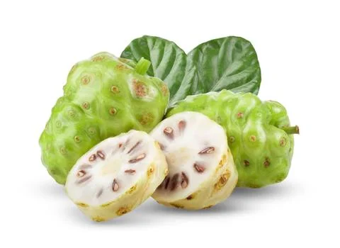 Noni fruit with leaf on white background. full depth of field Stock Photos