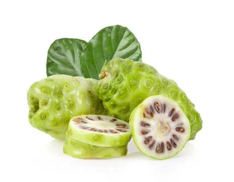 Noni fruit with leaf on white background. full depth of field Stock Photos