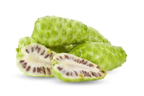 Noni fruit with leaf on white background. full depth of field Stock Photos