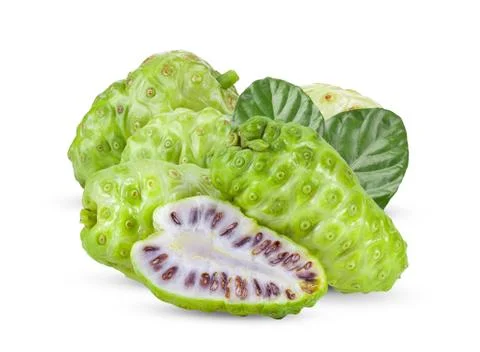 Noni fruit with leaf on white background Stock Photos