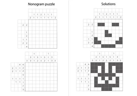 Nonogram puzzle with solution shown. Picross grid game logic challenge brain Stock Illustration