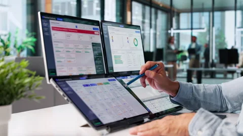 Nonprofit Manager Reviews Donor Data On Laptop Stock Footage 343883757