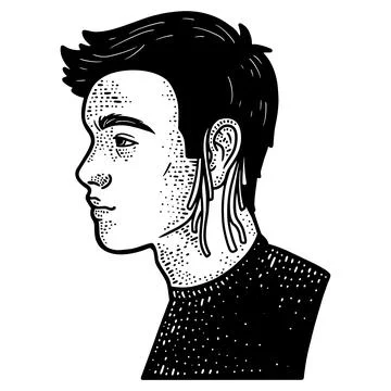 Noodle on ear, young guy, side. Line art sketch picture. Hand drawn. Stock Illustration