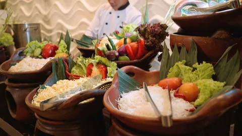 Noodles corner buffet with cook Stock Footage 92258432