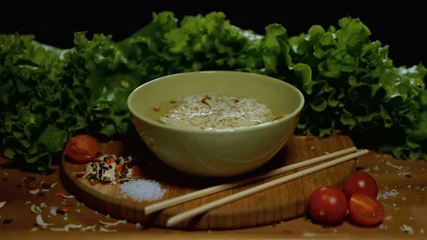 Noodles with dried vegetables prepare. Close up. Time-Lapse 스톡 동영상 73076461