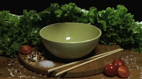 Noodles with dried vegetables prepare. Close up. Slow-motion Stock Footage 73077035