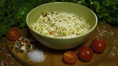 Noodles with dried vegetables prepare. Close up Stock Footage 73090312
