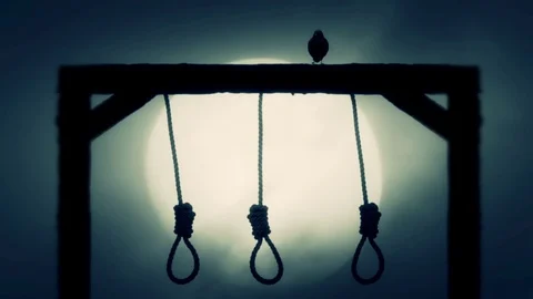 Nooses Hanging on the Gallows with a Raven on a Full Moon Spooky Night Stock Footage 72852881