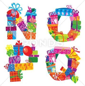Nopq - english alphabet - letters are made of gift boxes and presents Stock Illustration