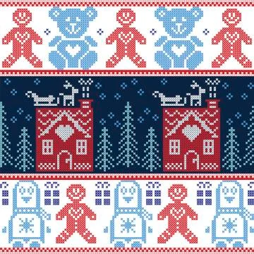 Nordic Christmas seamless pattern with  ginger bread house, reindeer 스톡 일러스트
