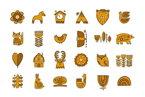 Nordic Design Elements Collection. Folk Style Nature and animals Stock Illustration