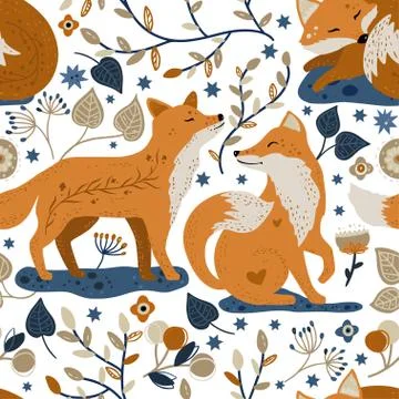 Nordic fox seamless vector pattern. Illustrazione stock
