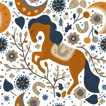 Nordic horse seamless vector pattern. Illustrazione stock