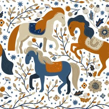 Nordic horse seamless vector pattern. Stock Illustration