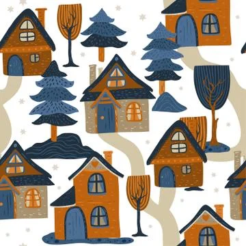 Nordic house seamless vector pattern. Stock Illustration