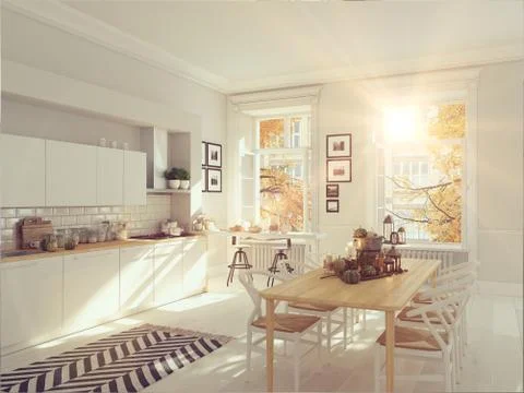 Nordic kitchen in an apartment. 3D rendering. thanksgiving concept. Stock Illustration