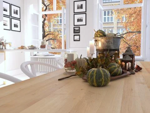 Nordic kitchen in an apartment. 3D rendering. thanksgiving concept. Stock Illustration