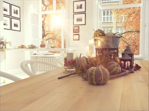 Nordic kitchen in an apartment. 3D rendering. thanksgiving concept. Stock Illustration