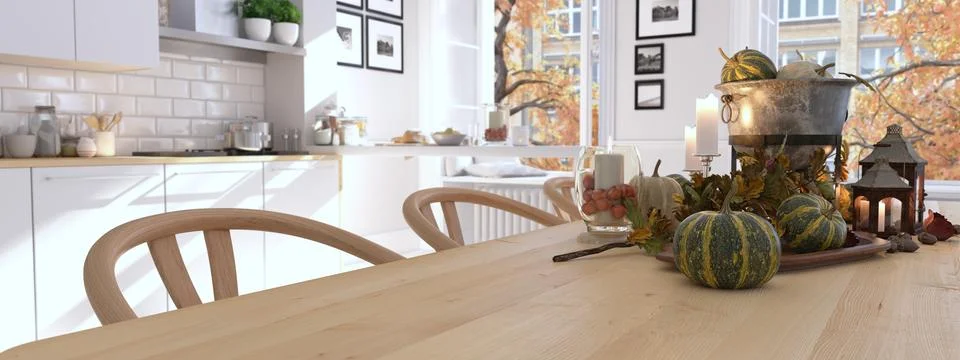 Nordic kitchen in an apartment. 3D rendering. thanksgiving concept. Illustrazione stock