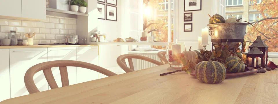 Nordic kitchen in an apartment. 3D rendering. thanksgiving concept. Stock Illustration