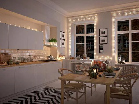 Nordic kitchen in an apartment. 3D rendering. thanksgiving concept. Stock Illustration