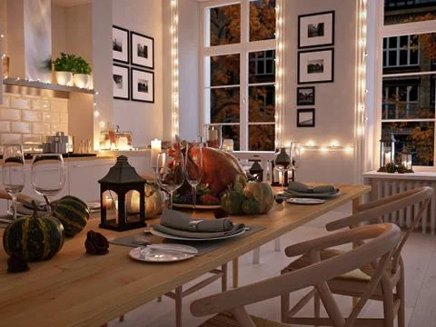 Nordic kitchen in an apartment. 3D rendering. thanksgiving concept. Stock Illustration