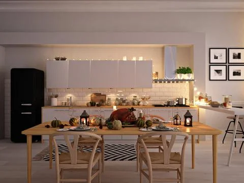 Nordic kitchen in an apartment. 3D rendering. thanksgiving concept. Illustrazione stock