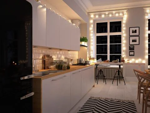 Nordic kitchen in an apartment. 3D rendering. thanksgiving concept. Stock Illustration