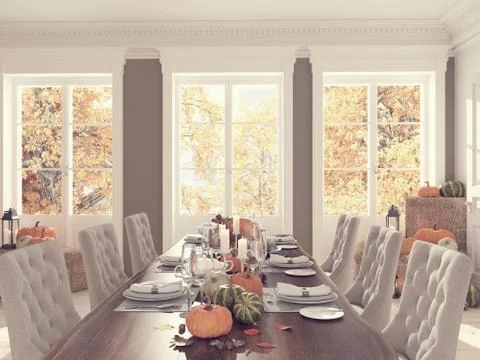 Nordic kitchen in an apartment. 3D rendering. thanksgiving concept. Stock Illustration