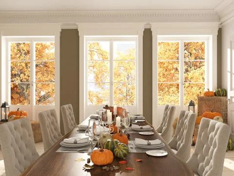 Nordic kitchen in an apartment. 3D rendering. thanksgiving concept. Ilustración de archivo