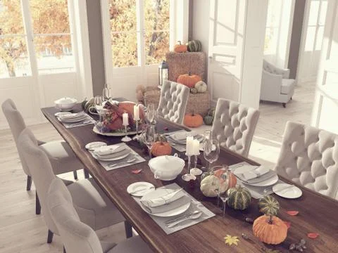 Nordic kitchen in an apartment. 3D rendering. thanksgiving concept. Illustrazione stock