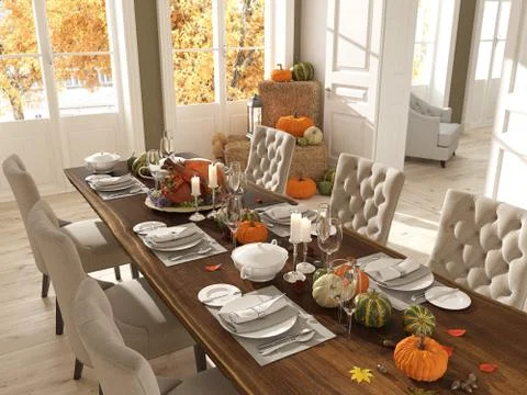 Nordic kitchen in an apartment. 3D rendering. thanksgiving concept. Illustrazione stock