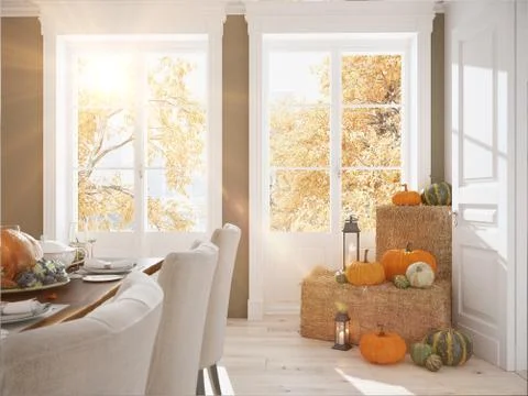 Nordic kitchen in an apartment. 3D rendering. thanksgiving concept. Stock Illustration