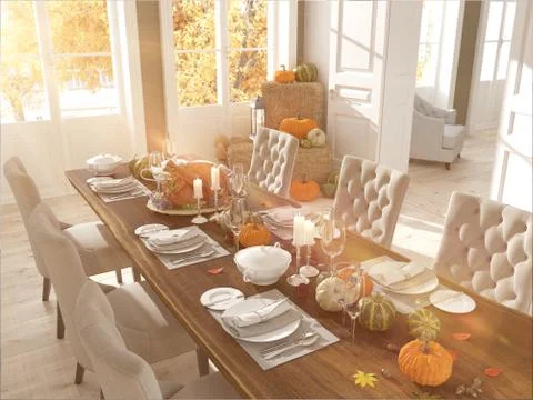 Nordic kitchen in an apartment. 3D rendering. thanksgiving concept. Stock Illustration