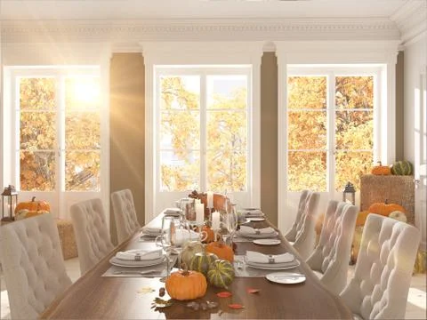 Nordic kitchen in an apartment. 3D rendering. thanksgiving concept. Stock Illustration